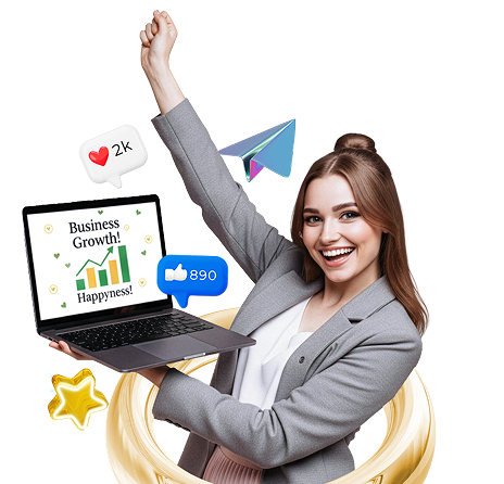 Woman with laptop and social media icons