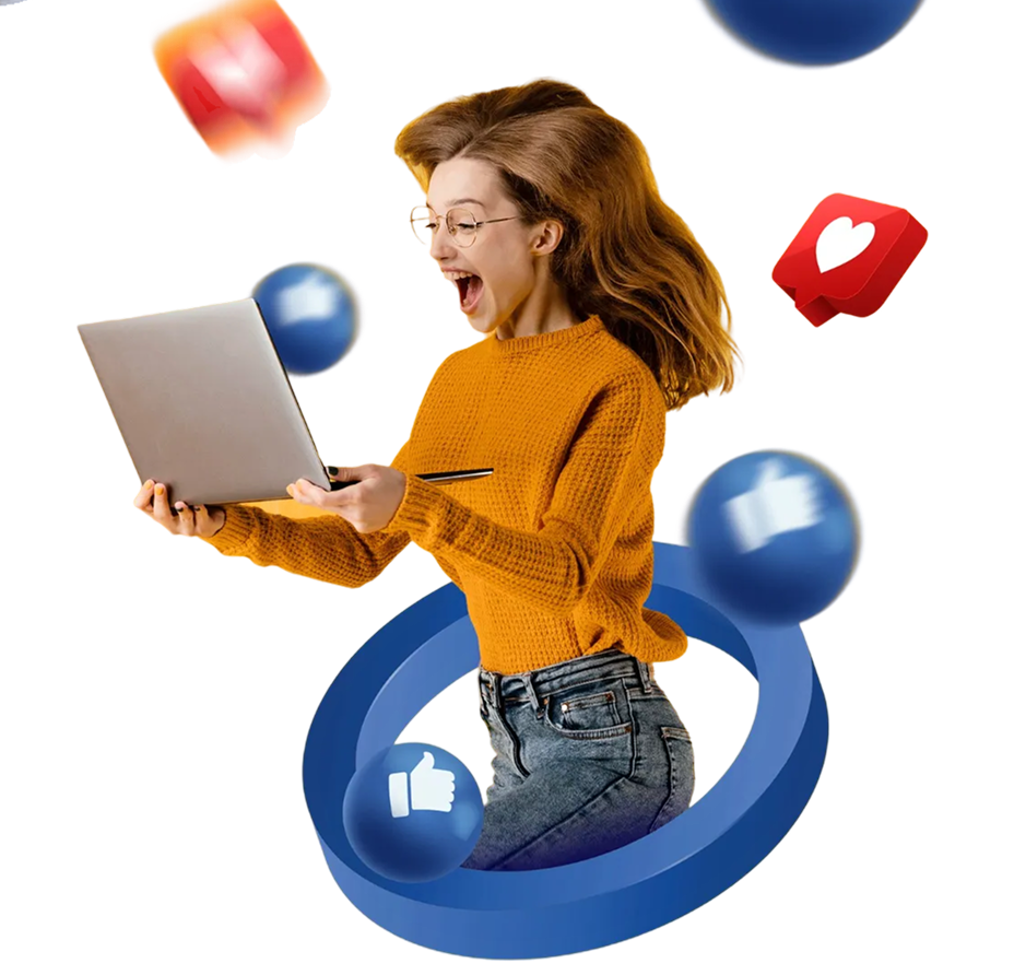 Woman with laptop and social media icons
